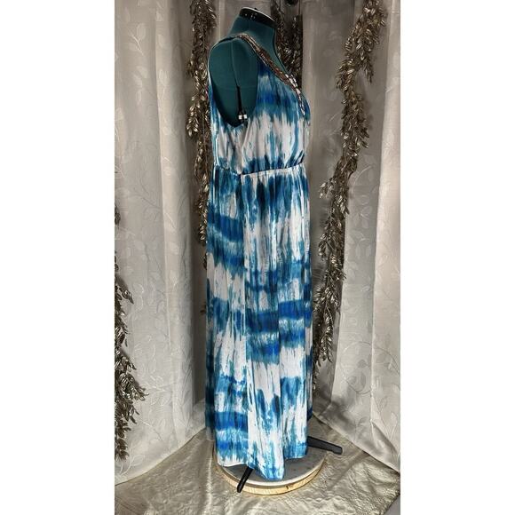 Lane Bryant Blue White Beaded Maxi Dress | Plus Size 22 | Boho Beach Resort Vibe - Picture 4 of 15